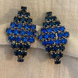 Shades of‎ Blue Prong Set Rhinestones Vintage Clip on Earrings